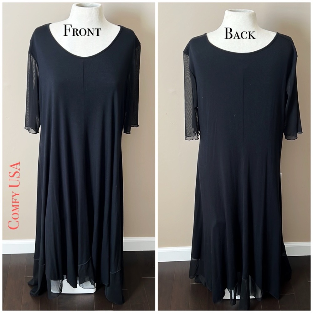 COMFY USA Womens black maxi dress sheer mesh hem and sleeves sz 2X LIKE NEW